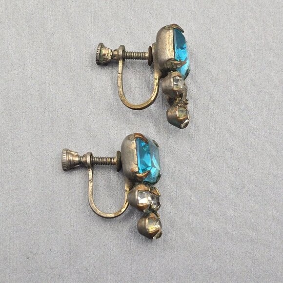 Vintage Aquamarine & Clear Paste Earrings | Screw-Back Glam Statement Jewelry - Picture 5 of 11